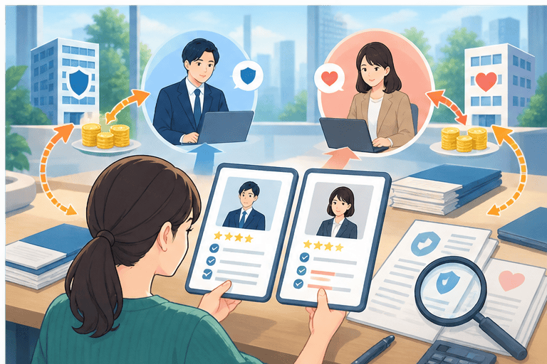2つの無料保険相談と紹介料の流れを比較するイラスト